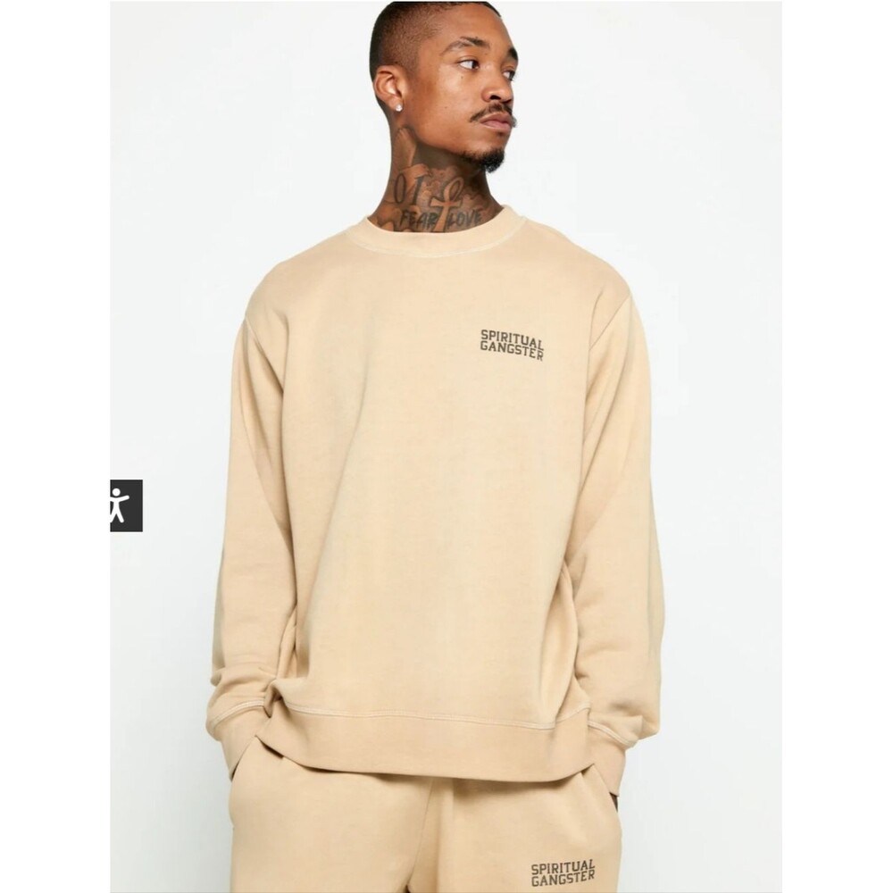 Spiritual Gangster Mens Emblem Classic Crew Beige Sweatshirt Size XL NWT